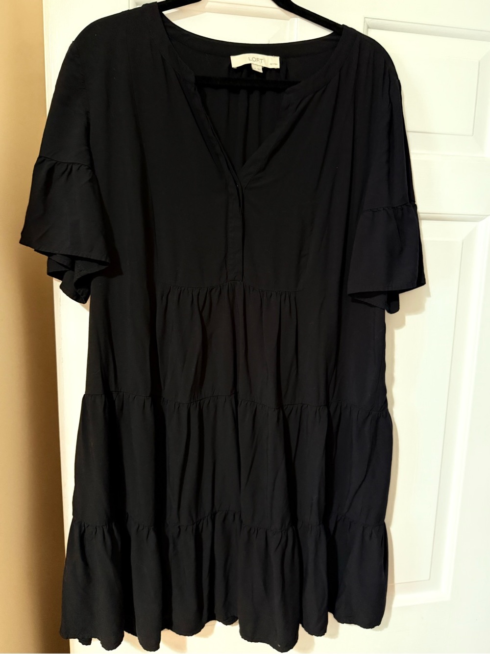 LOFT Black Tiered V-Neck Ruffle Sleeve Mini Dress